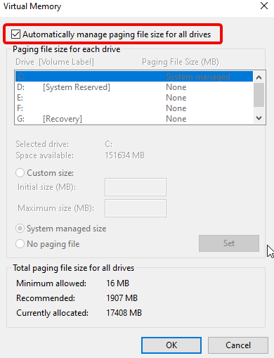Automatically manage paging file size for all drives