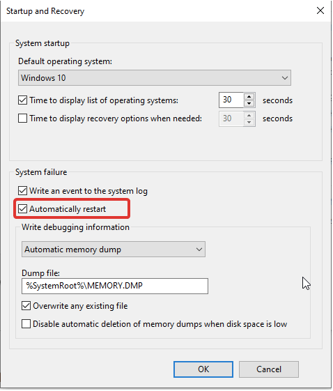 uncheck Automatically restart