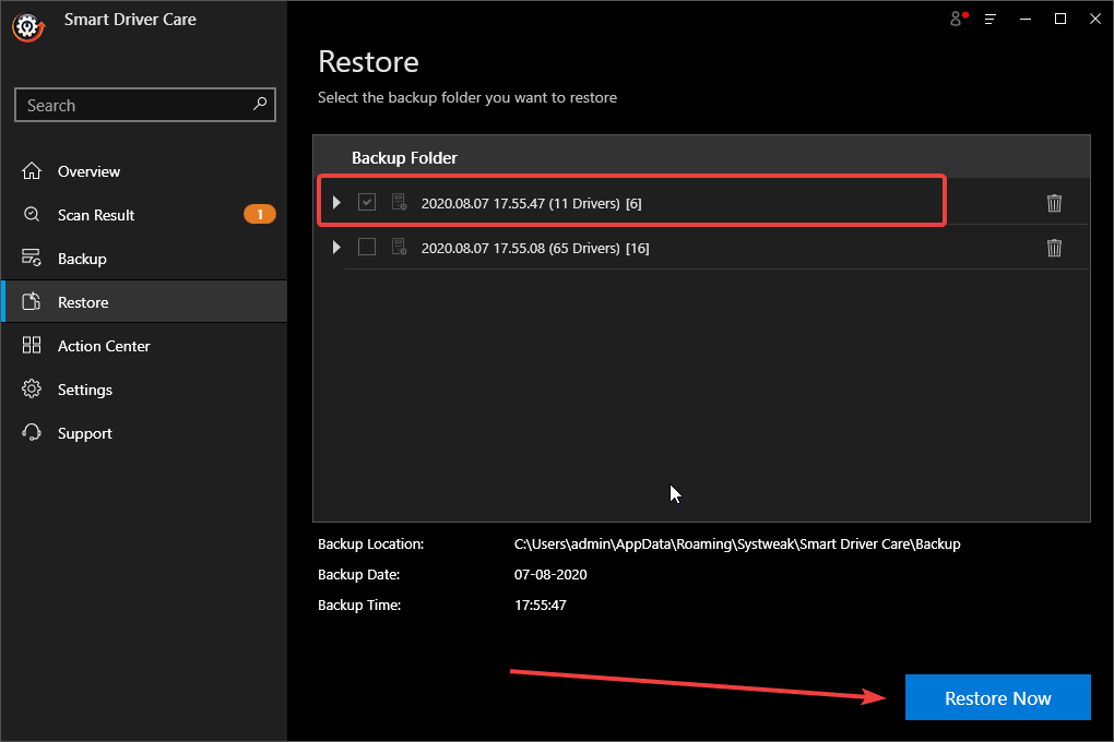 backup folder- smart driver care feature