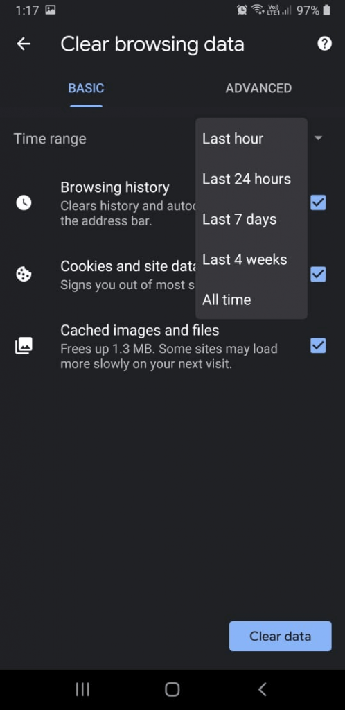 clear cache chrome android