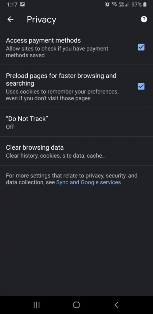 Clear browsing data option