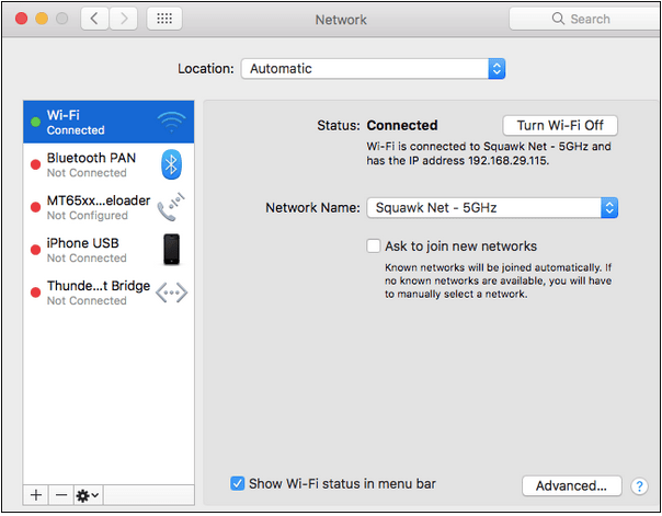 Network settings window