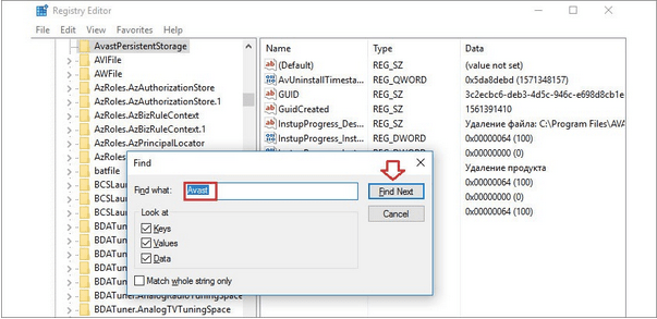 entries in the Registry window