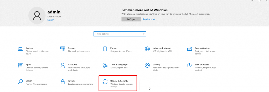 Update & Security in windows