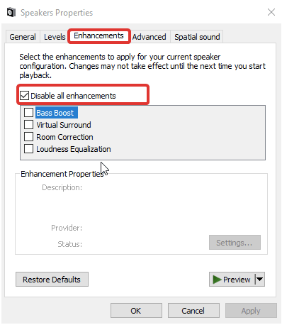 Click Enhancements and checkmark