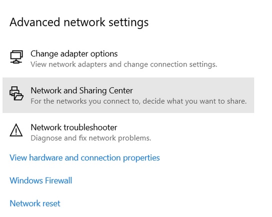 Network and Sharing Center under Advanced network settings