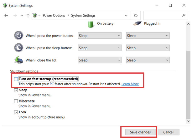 Locate the Shutdown settings