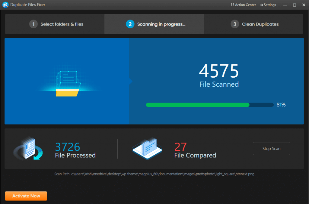 scan to go through all the files and folders with duplicate flies fixer