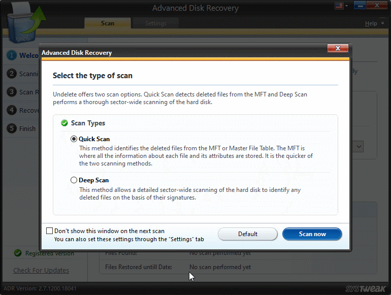 scan type in advance disk recovery