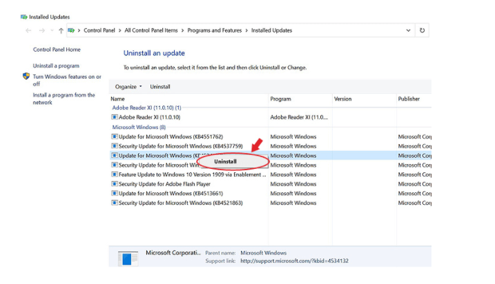 Uninstall windows update