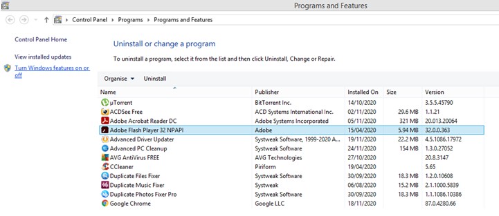 programs and features