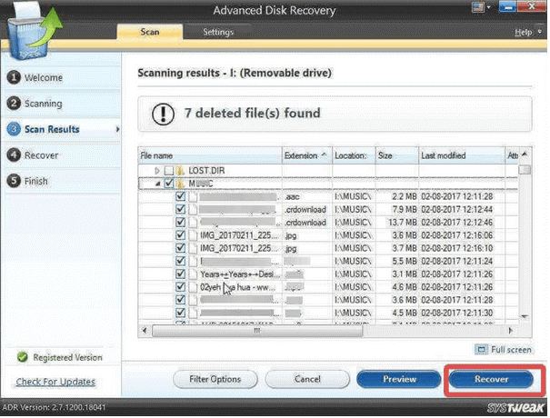 scan result of advanced disk recovery