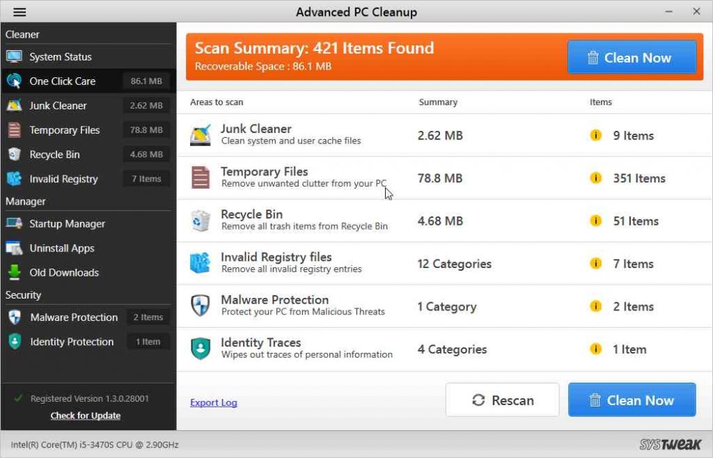 Advanced PC Cleanup scan result