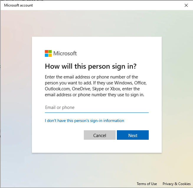 Microsoft other user add account