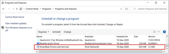 Remove SmartByte Using Control Panel