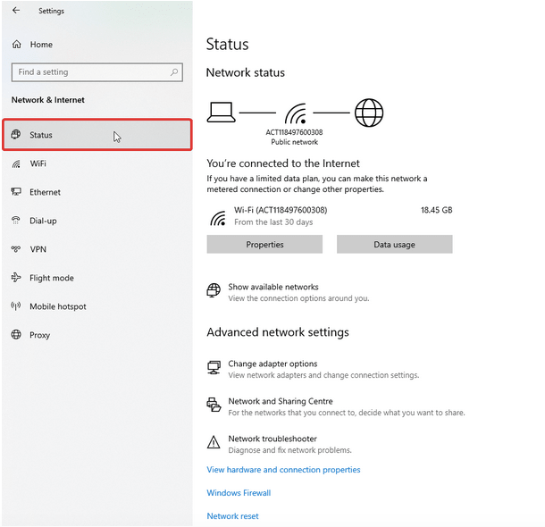 Select Status from the left sidebar