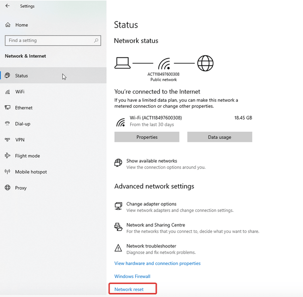 Network reset option