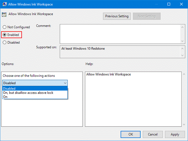 drop-down menu under Options