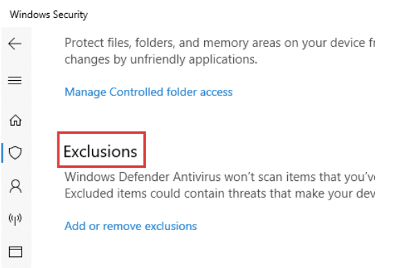 Добавить исключение в Защитнике Windows