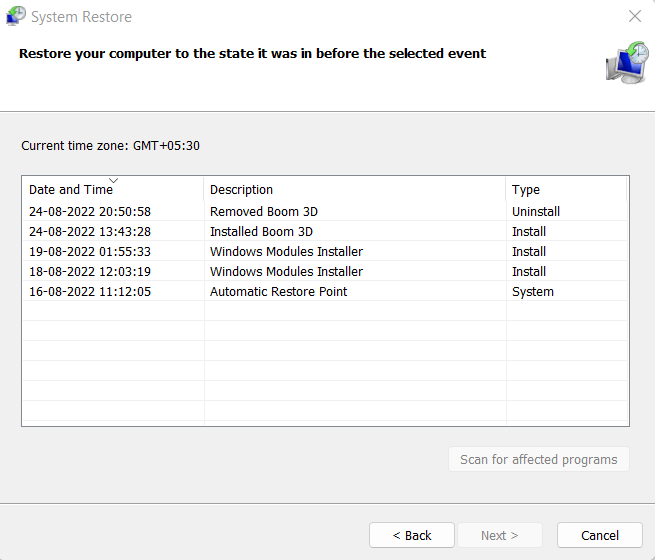 list of restore points - Unknown USB Device Error In Windows 10