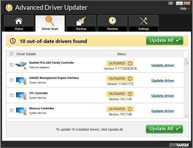 Экран Advanced Driver Updater