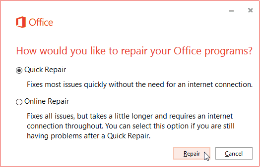 Восстановите приложение MS Office
