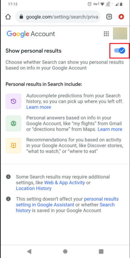 disable personalized results