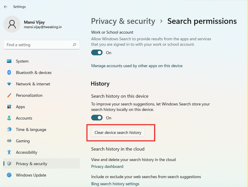 Clear device search history