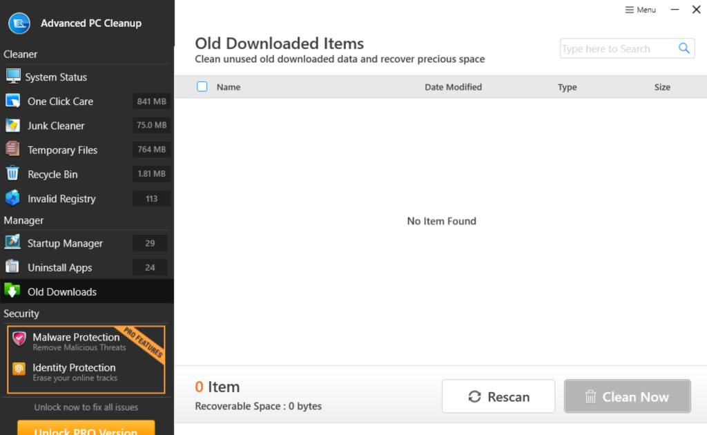 Old Downloads in Advanced PC Cleanup