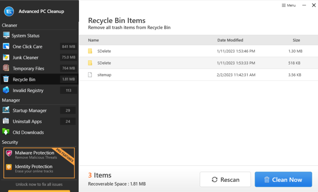 Recycle bin delete Advanced PC Cleanup