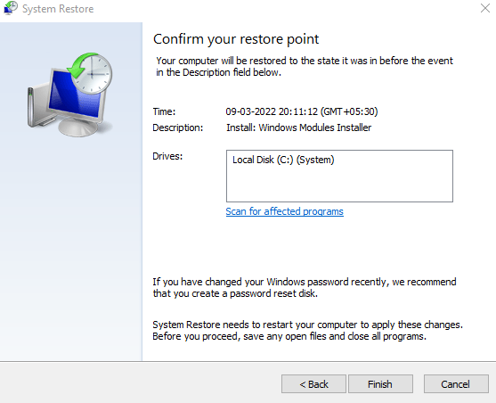 Finish button