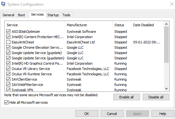 Services tab