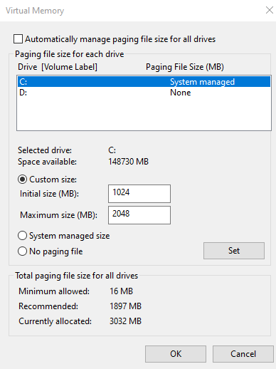 No paging file