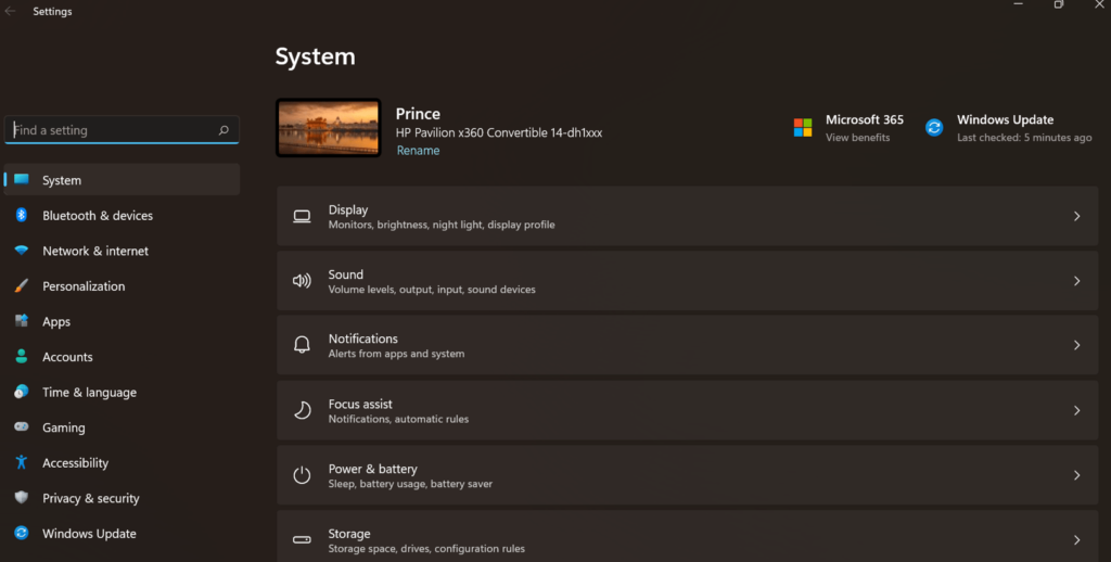 Settings panel