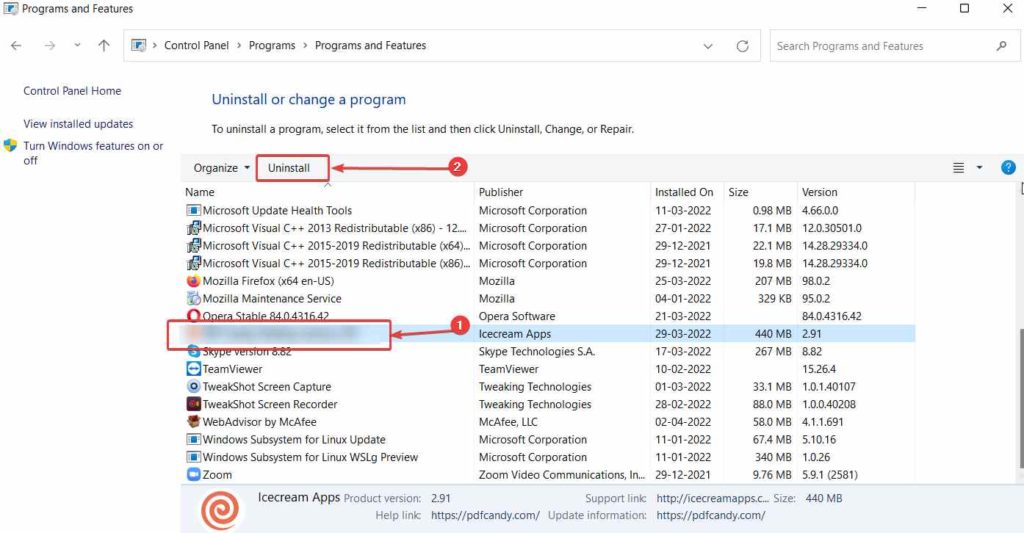 select a program for uninstall
