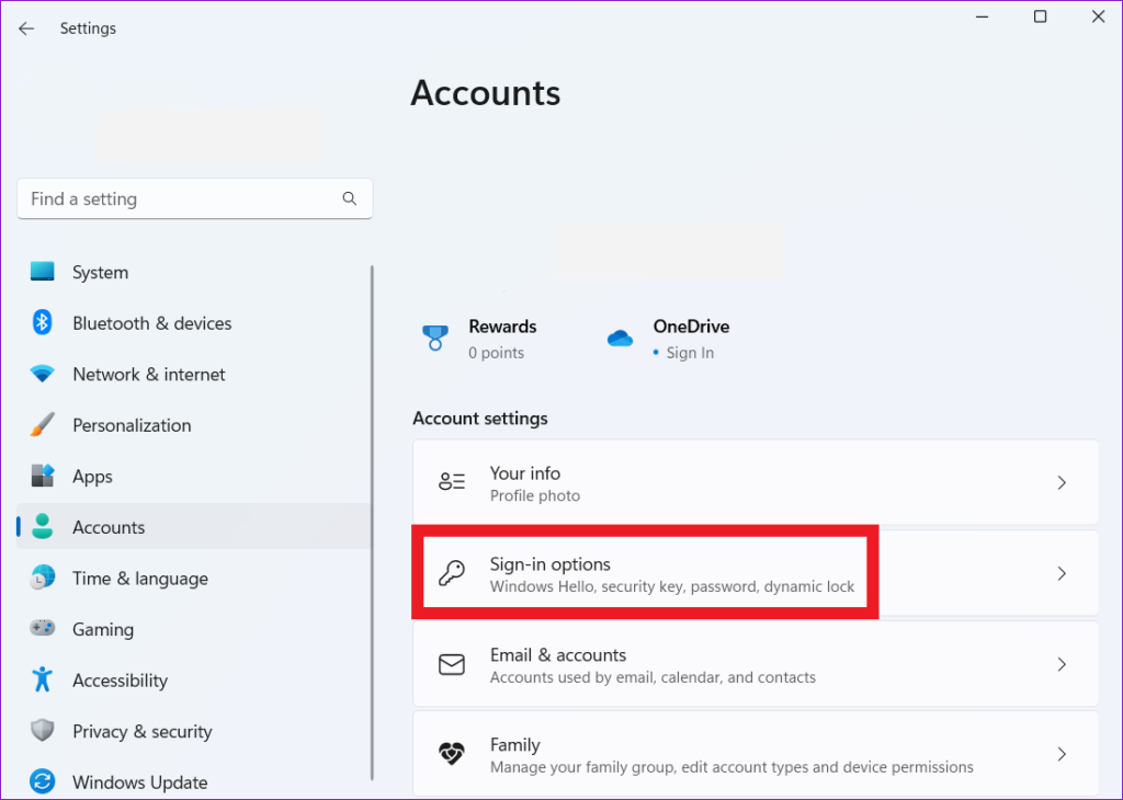 Accounts sign in option tab