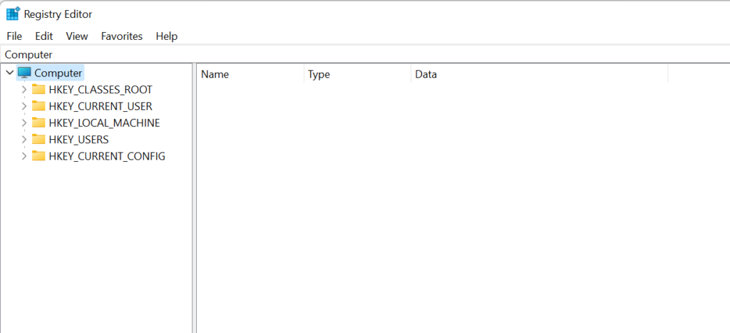 Registry Editor window