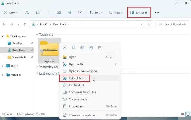 unzip files in Windows 11