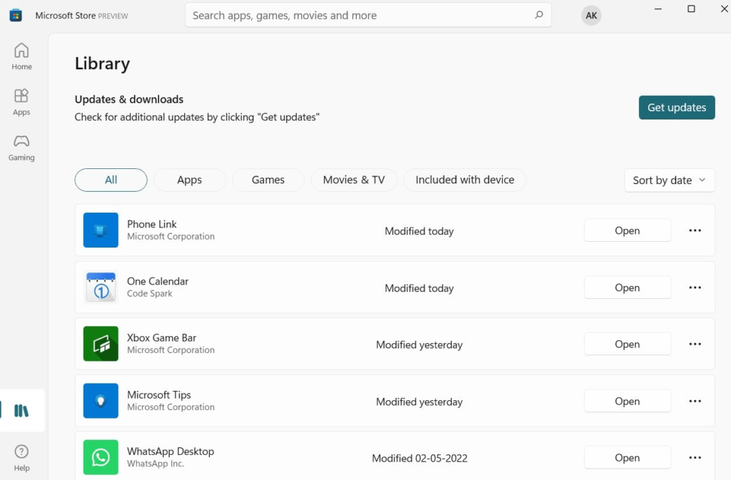 Get Updates option
