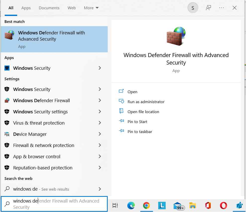 Select Windows Defender Firewall option