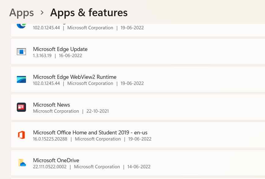 apps and features tab