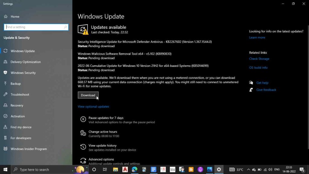 windows update settings tab