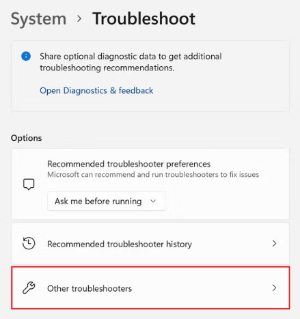 Select Other troubleshooters