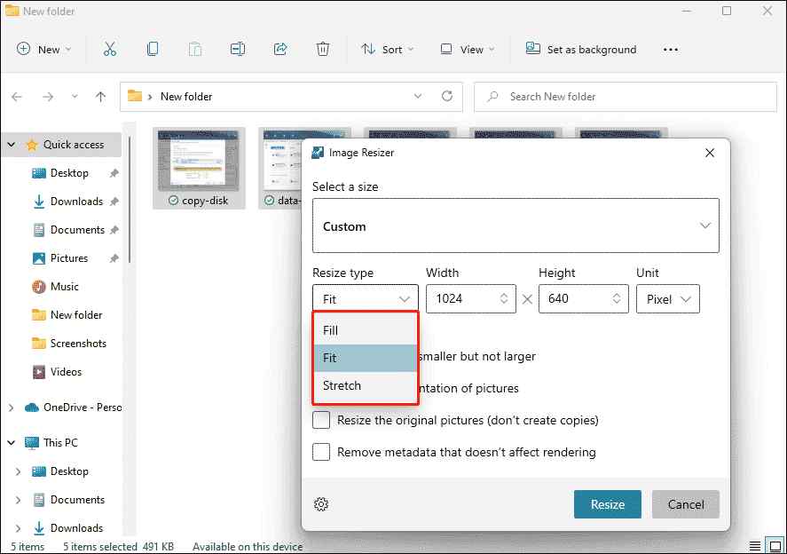 select resize type custom
