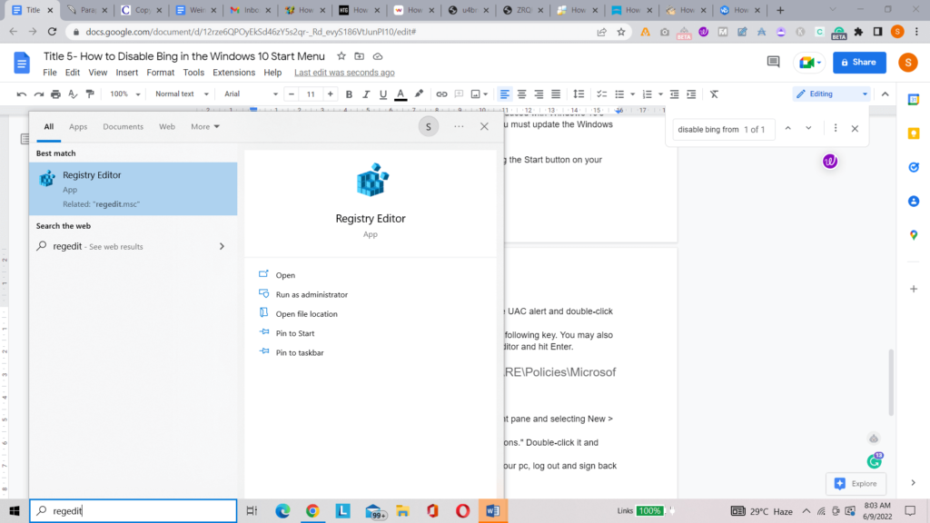 remove Bing from Windows 10