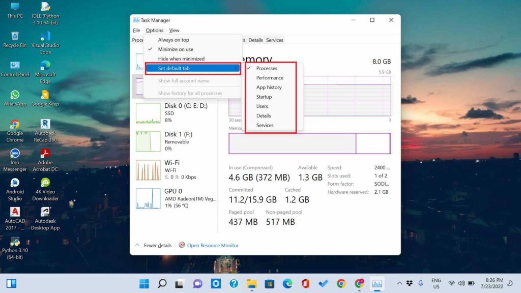 Change the Task Manager Default Start Page