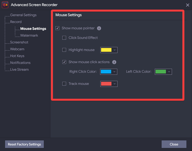 Advanced Screen Recorder Mouse Settings