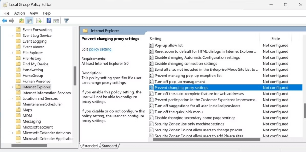 Prevent altering proxy settings