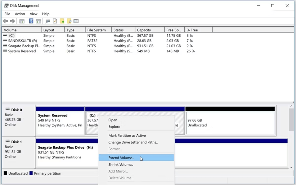 Disk Management window