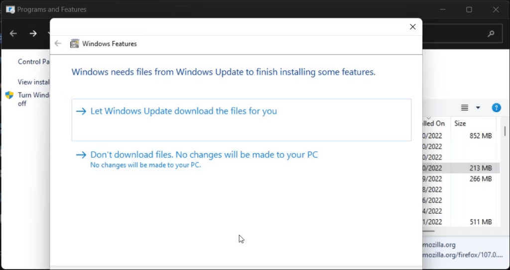 Let Windows Update download the files